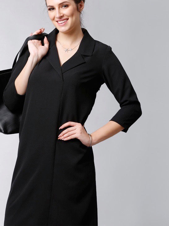 Stitched Lapel Knee Length Shift Dress - Black| Formal Dresses