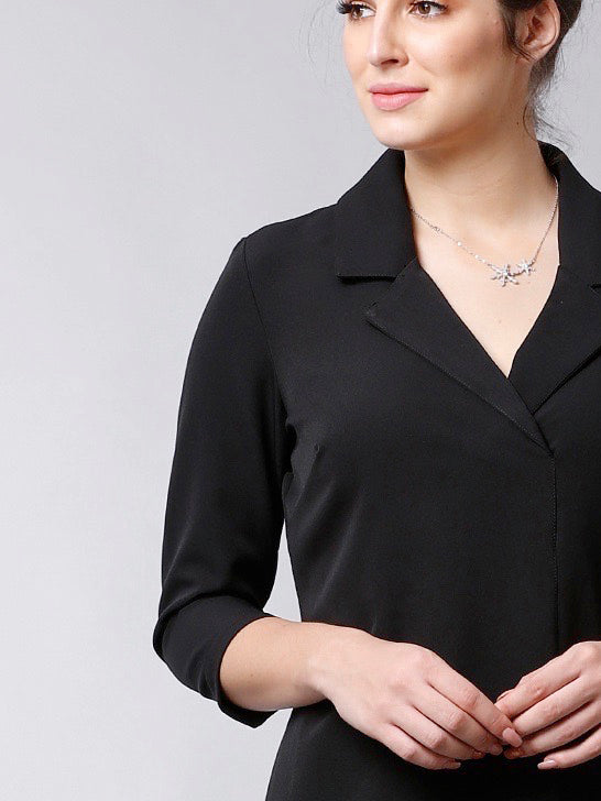 Stitched Lapel Knee Length Shift Dress - Black| Formal Dresses