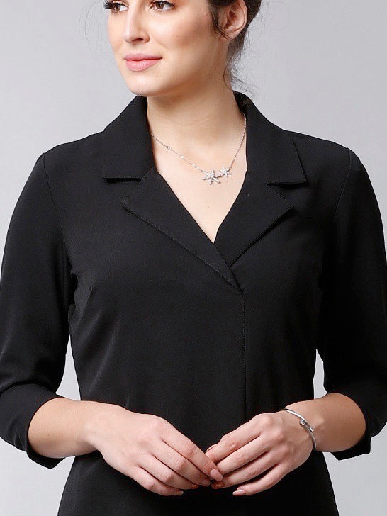 Stitched Lapel Knee Length Shift Dress - Black| Formal Dresses