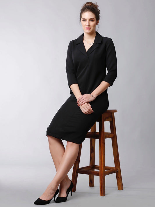 Stitched Lapel Knee Length Shift Dress - Black| Formal Dresses