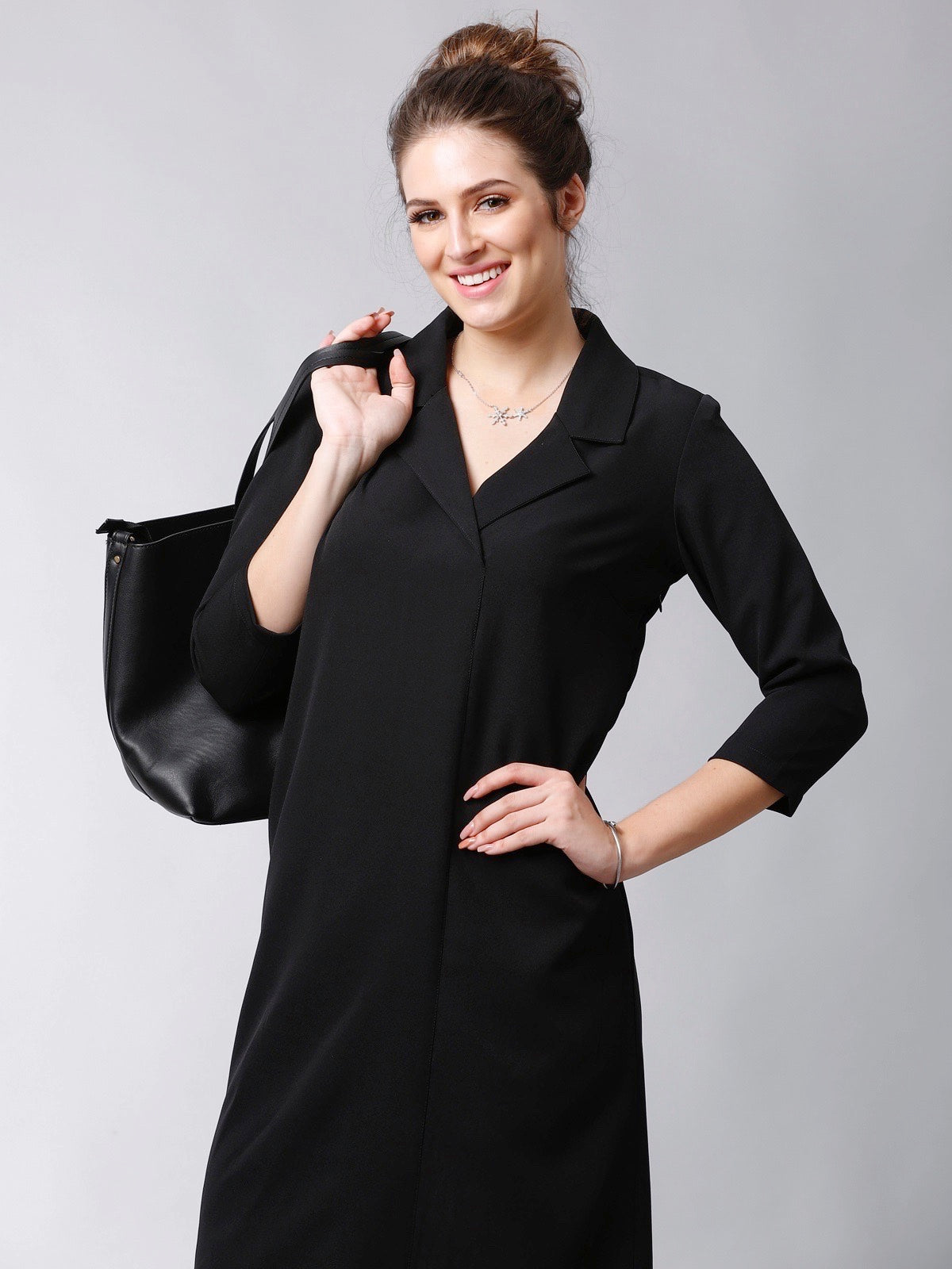 Stitched Lapel Knee Length Shift Dress - Black| Formal Dresses