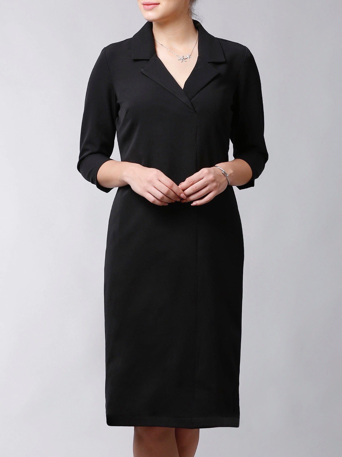 Stitched Lapel Knee Length Shift Dress - Black| Formal Dresses