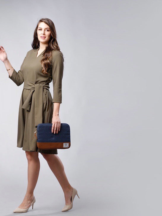 Open Band Neck Belted Skater Dress - Moss Green| Formal Dresses