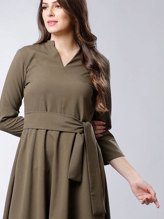 Open Band Neck Belted Skater Dress - Moss Green| Formal Dresses