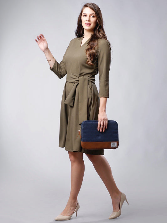 Open Band Neck Belted Skater Dress - Moss Green| Formal Dresses