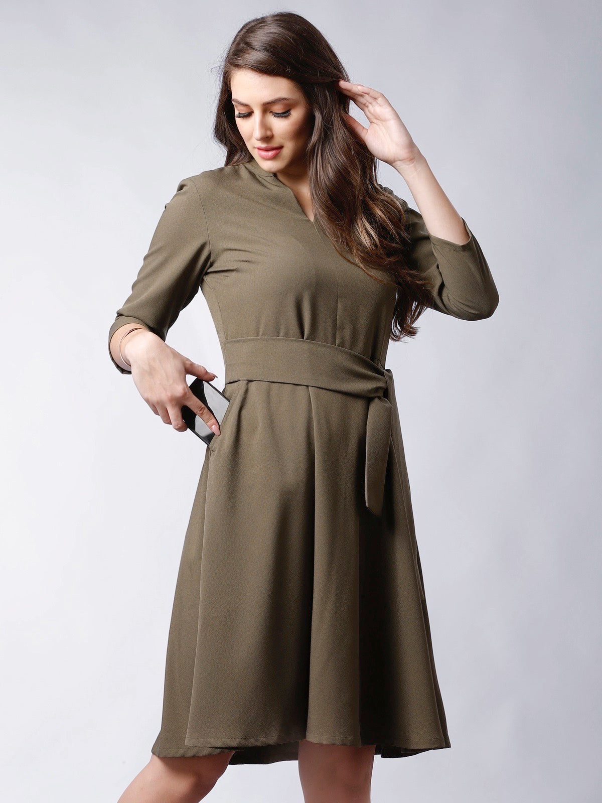 Open Band Neck Belted Skater Dress - Moss Green| Formal Dresses