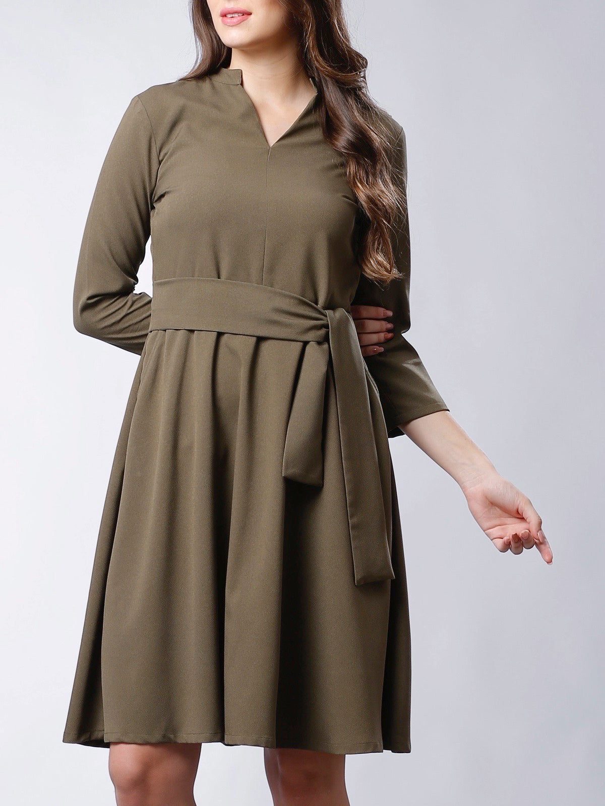 Open Band Neck Belted Skater Dress - Moss Green| Formal Dresses