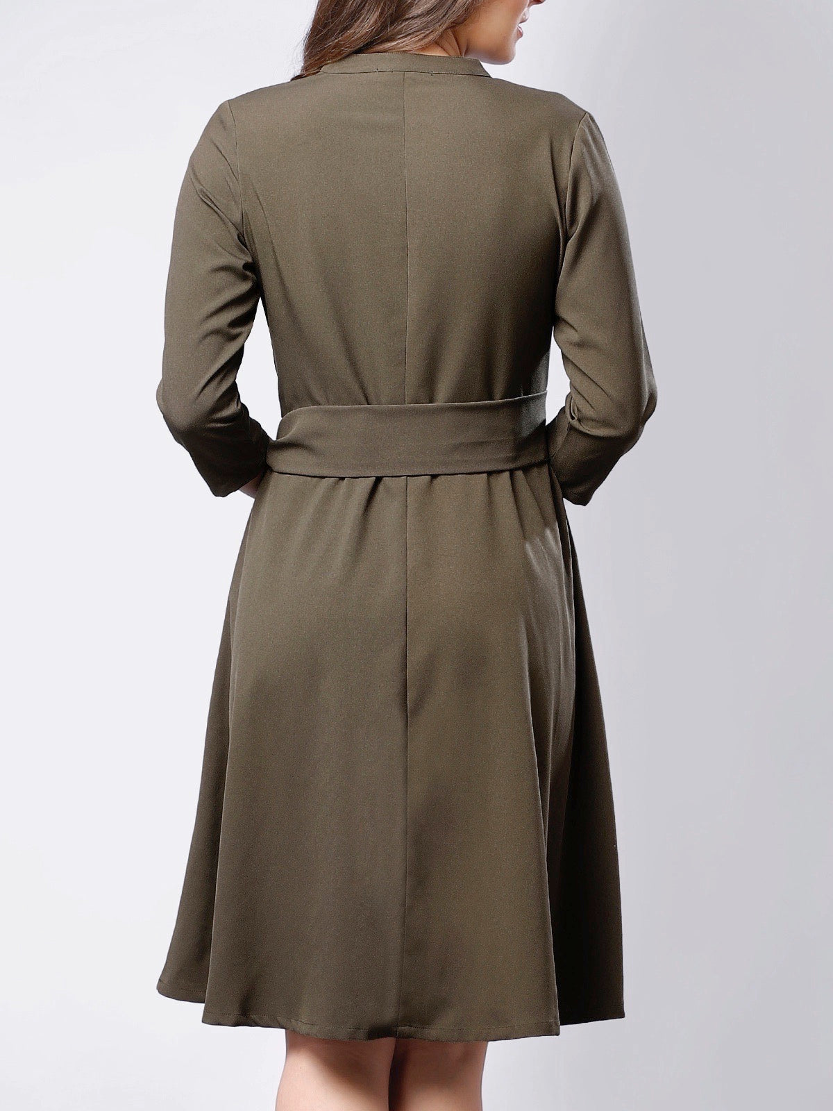 Open Band Neck Belted Skater Dress - Moss Green| Formal Dresses