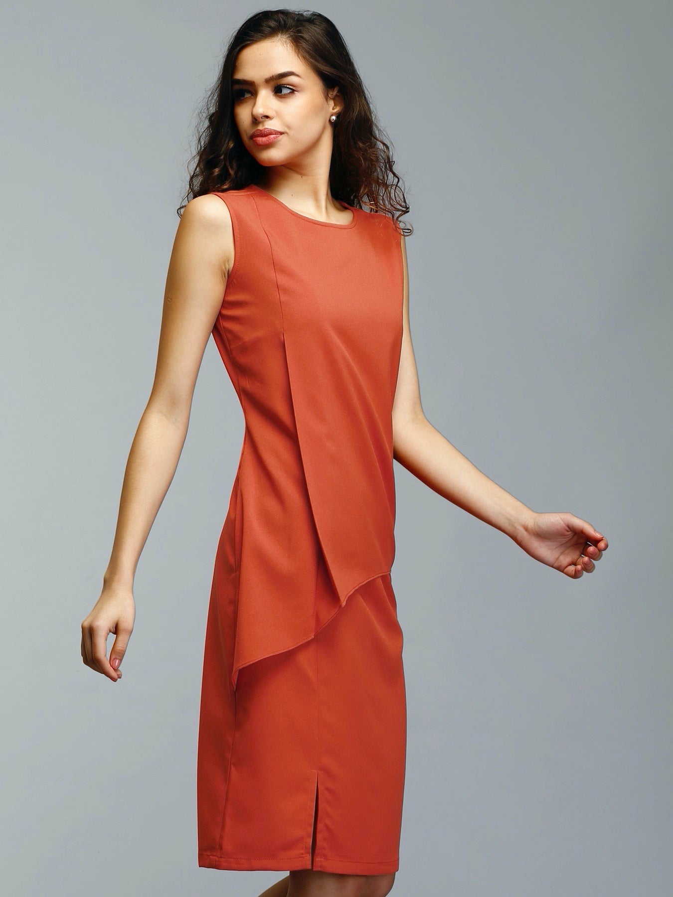 Round Neck Knee Length Shift Dress - Rust| Formal Dresses