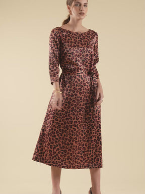 Satin Animal Print A-Line Dress - Brown and Black