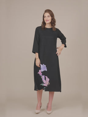Floral Print A-Line Dress - Black