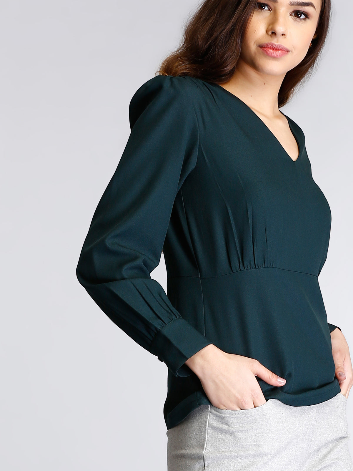Empire Line Top With Gather Details - Bottle Green