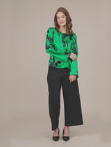 Satin Bell Sleeve Top - Green And Black