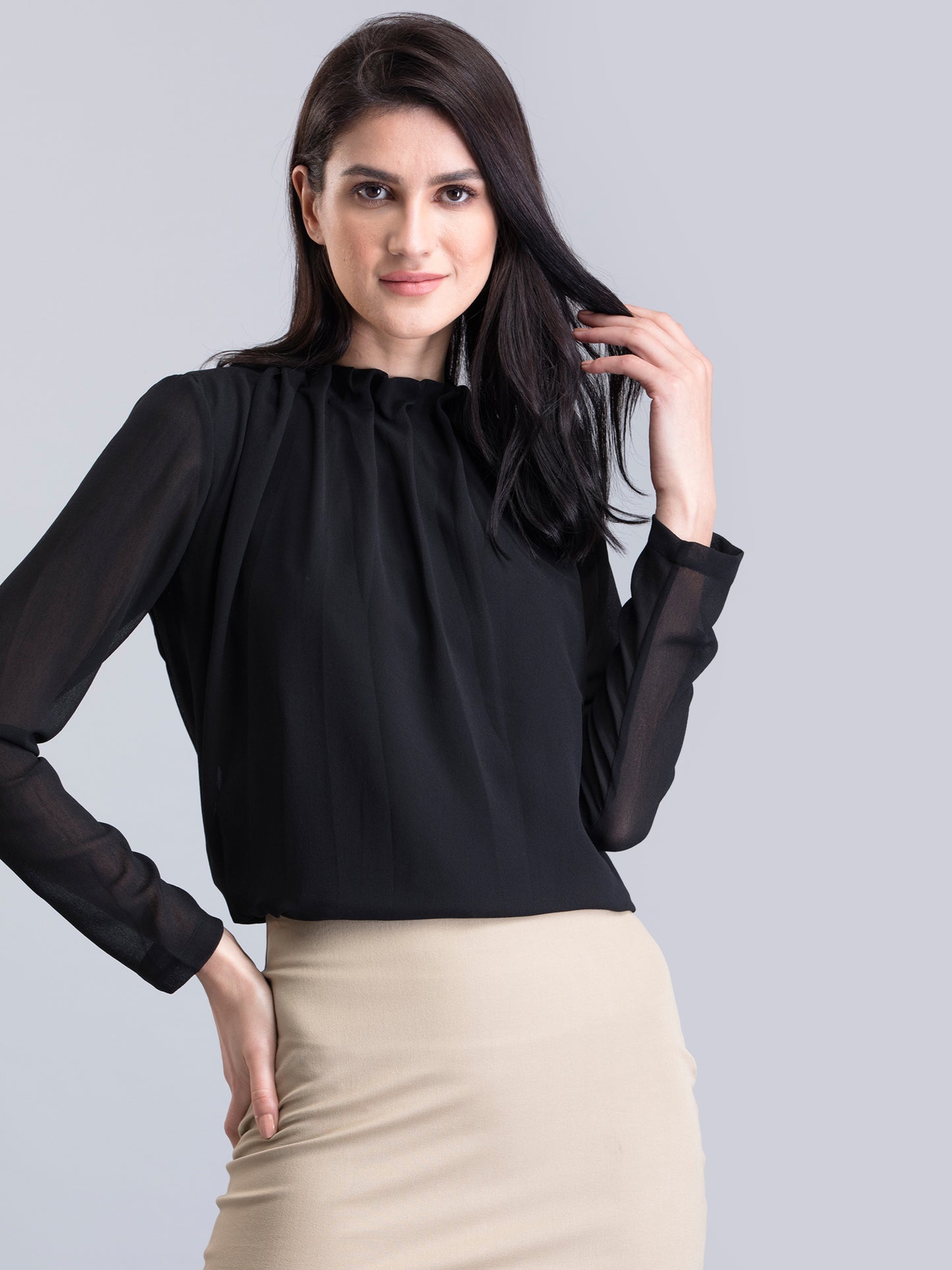 High Neck Pleated Top - Black| Formal Tops