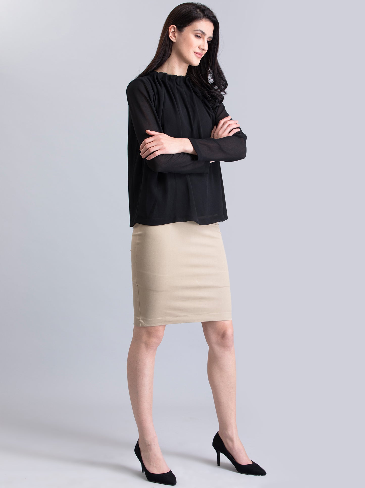 High Neck Pleated Top - Black| Formal Tops