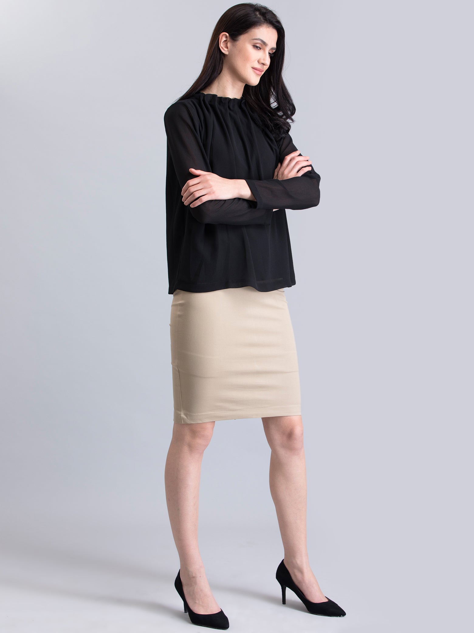 High Neck Pleated Top - Black| Formal Tops