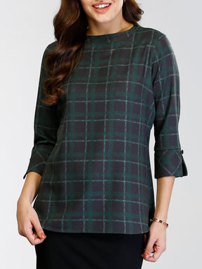 High Round Neck Printed Plaid Top - Black and Green| Formal Tops