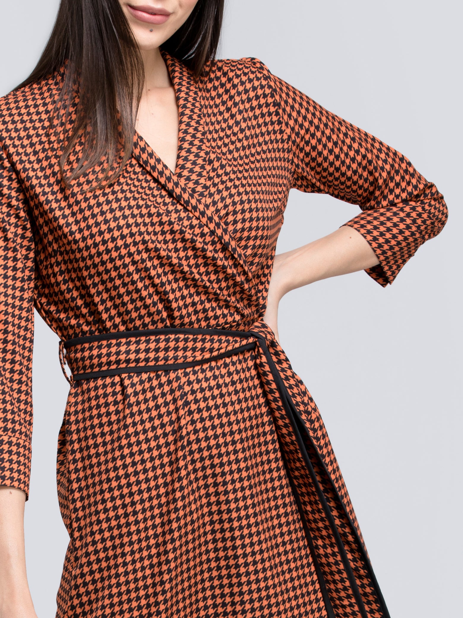 Houndstooth Print Faux Wrap Dress - Orange and Black| Formal Dresses