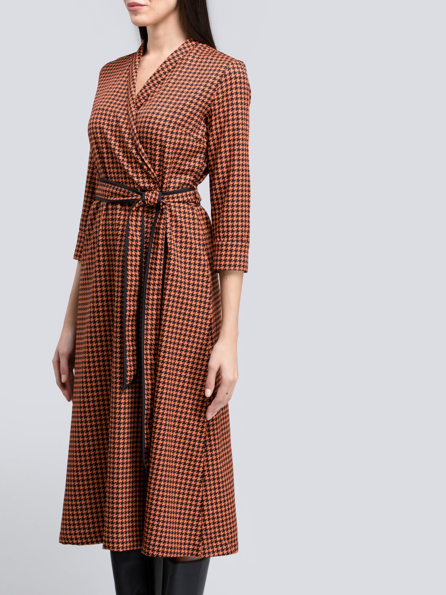 Houndstooth Print Faux Wrap Dress - Orange and Black| Formal Dresses