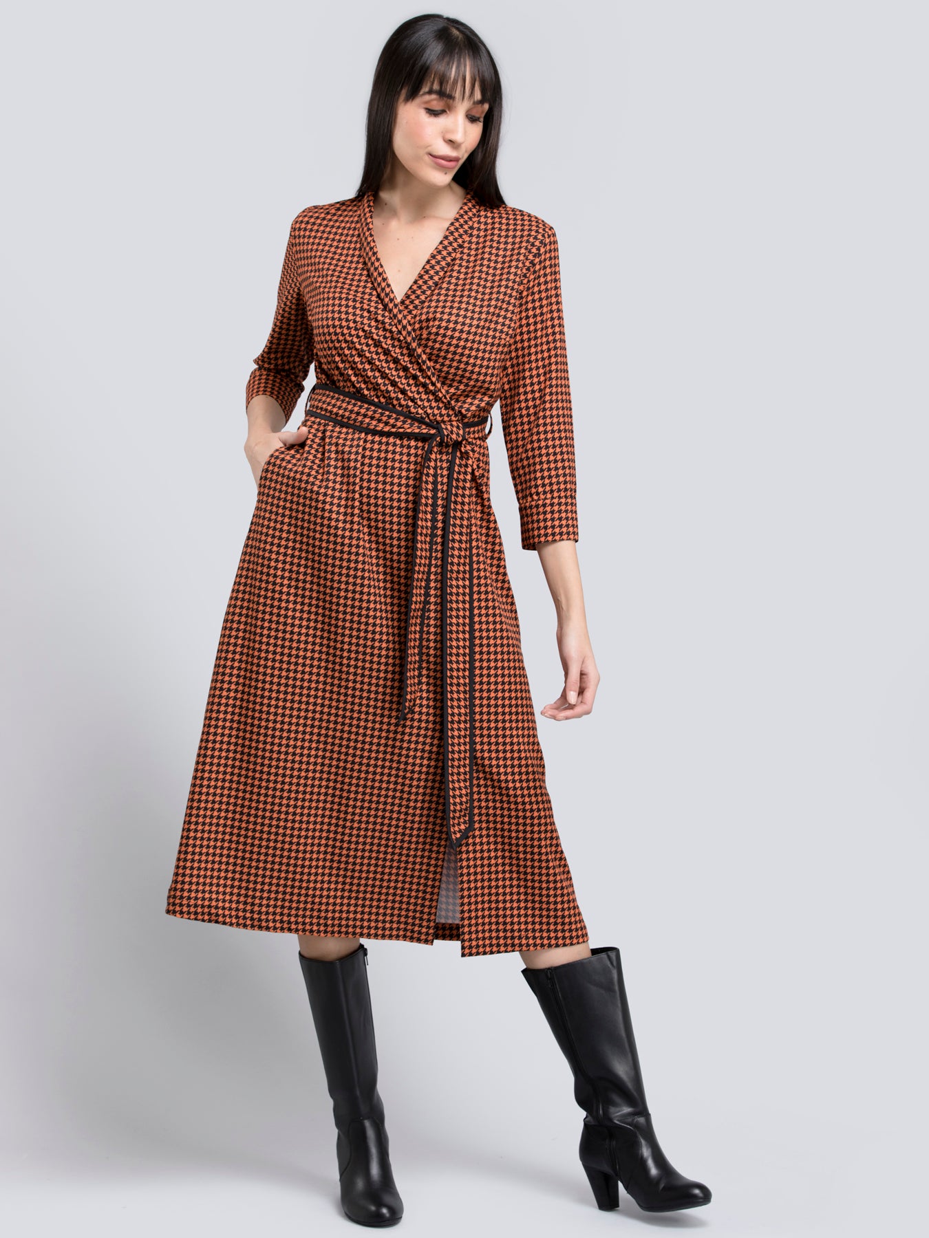 Houndstooth Print Faux Wrap Dress - Orange and Black| Formal Dresses