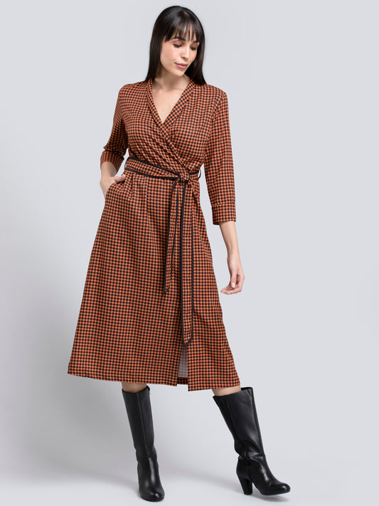 Houndstooth Print Faux Wrap Dress - Orange and Black| Formal Dresses