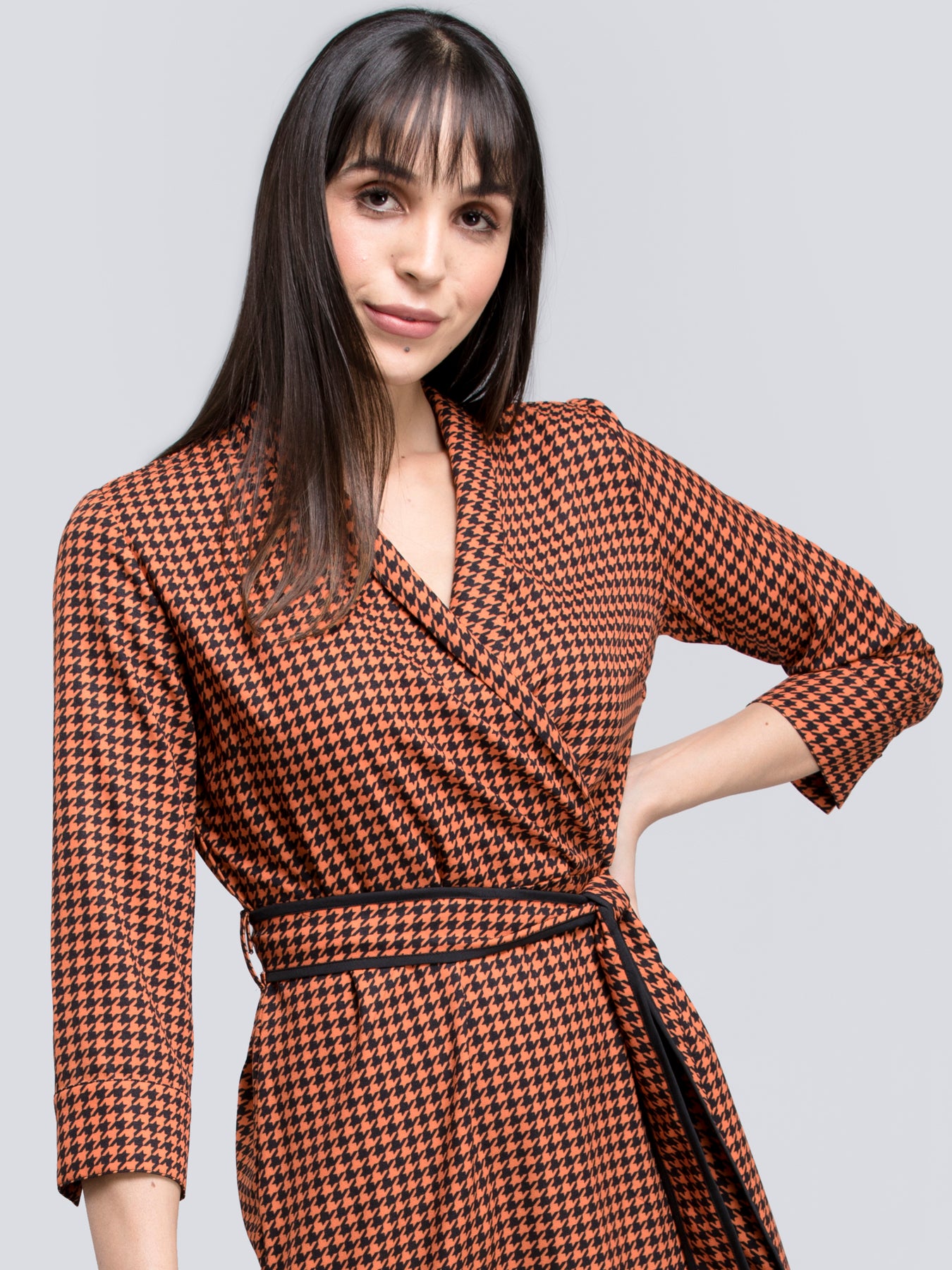 Houndstooth Print Faux Wrap Dress - Orange and Black| Formal Dresses