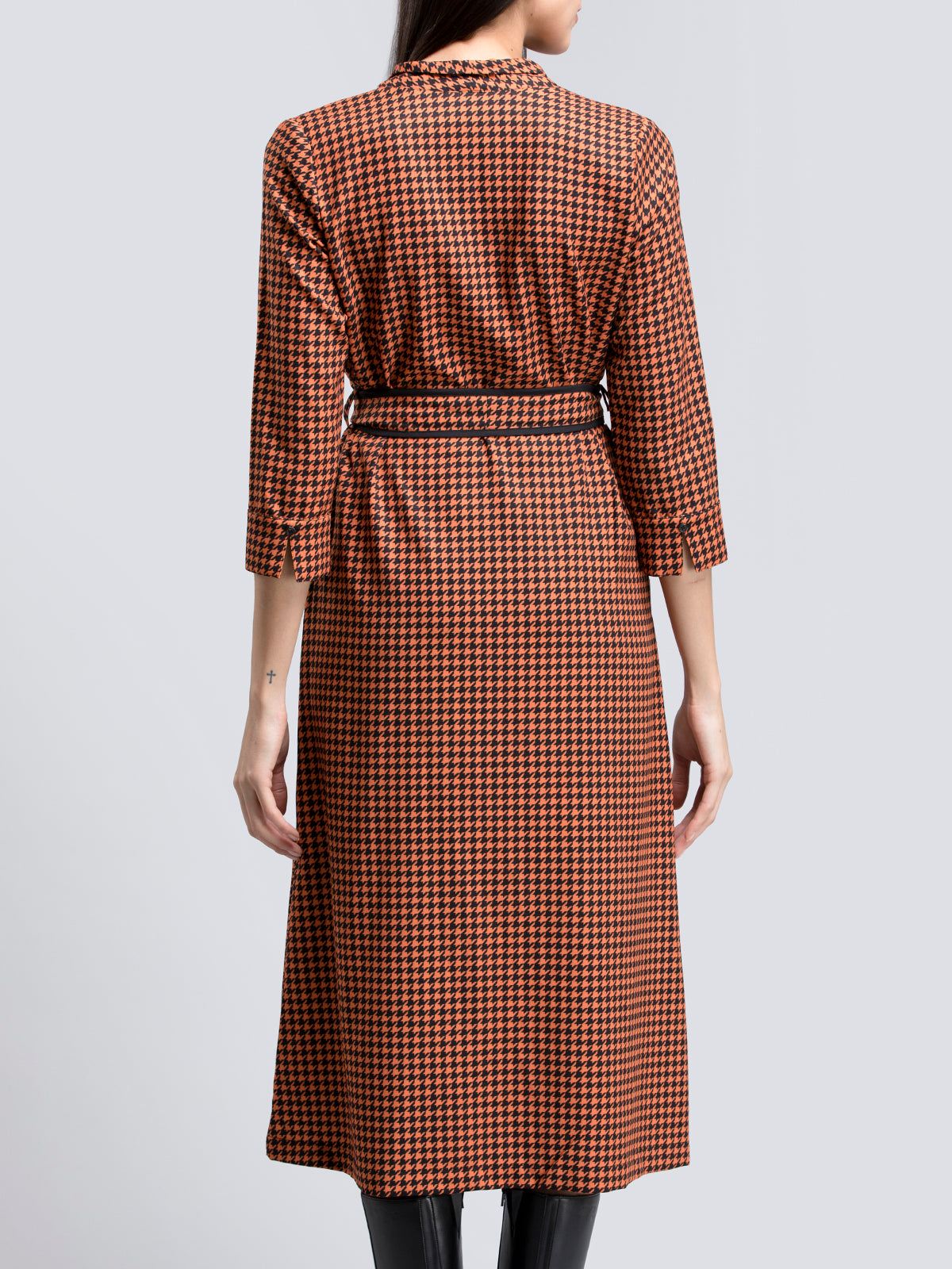 Houndstooth Print Faux Wrap Dress - Orange and Black| Formal Dresses
