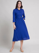 Collared Pleated Fit and Flare Dress - Royal Blue