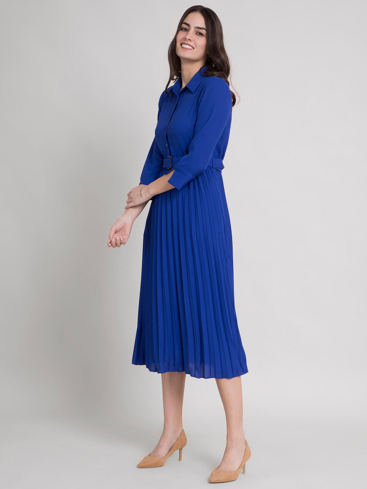 Collared Pleated Fit and Flare Dress - Royal Blue