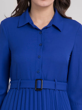 Collared Pleated Fit and Flare Dress - Royal Blue