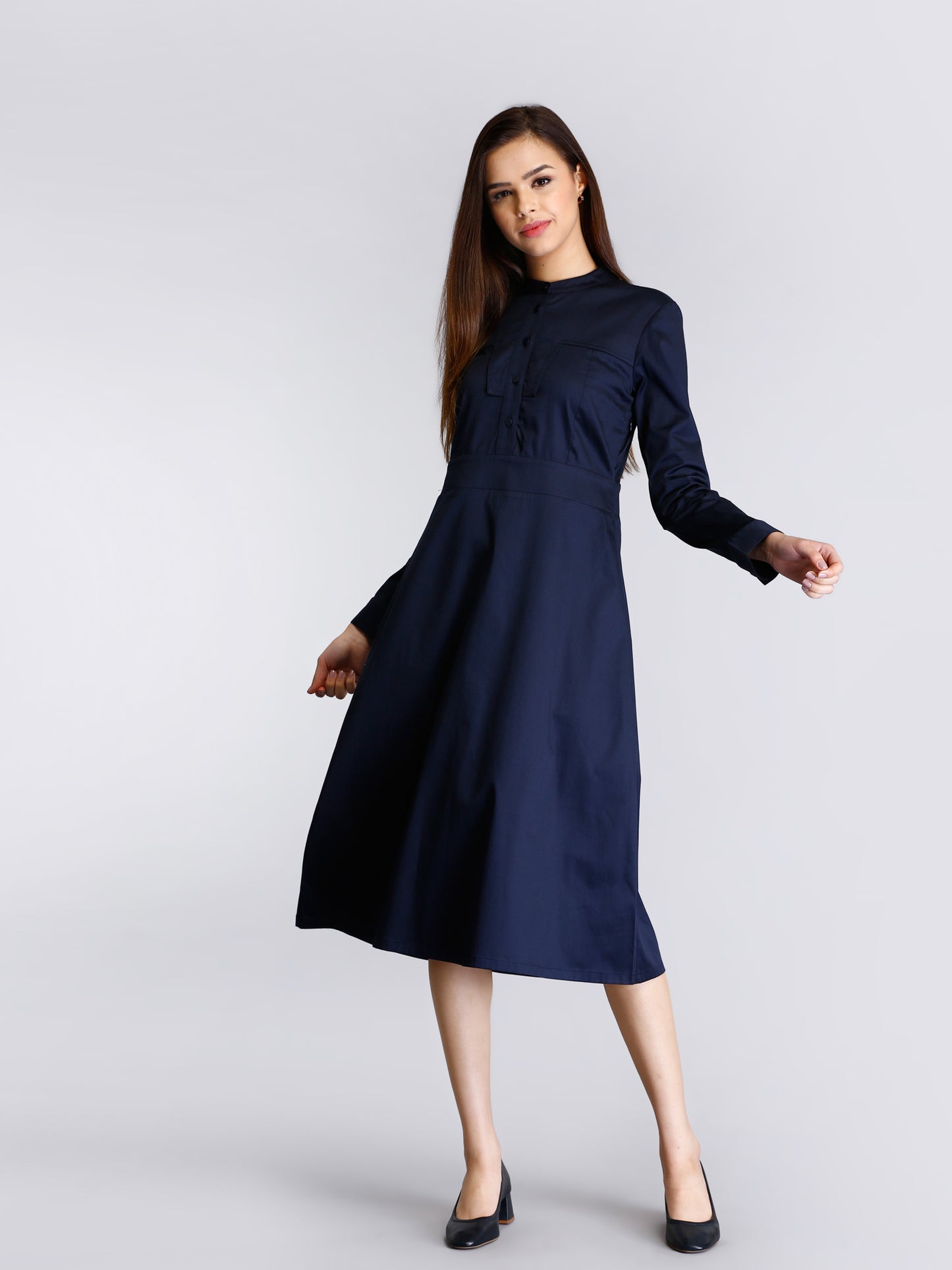Mandarin Collar Button A Line Dress - Navy| Formal Dresses