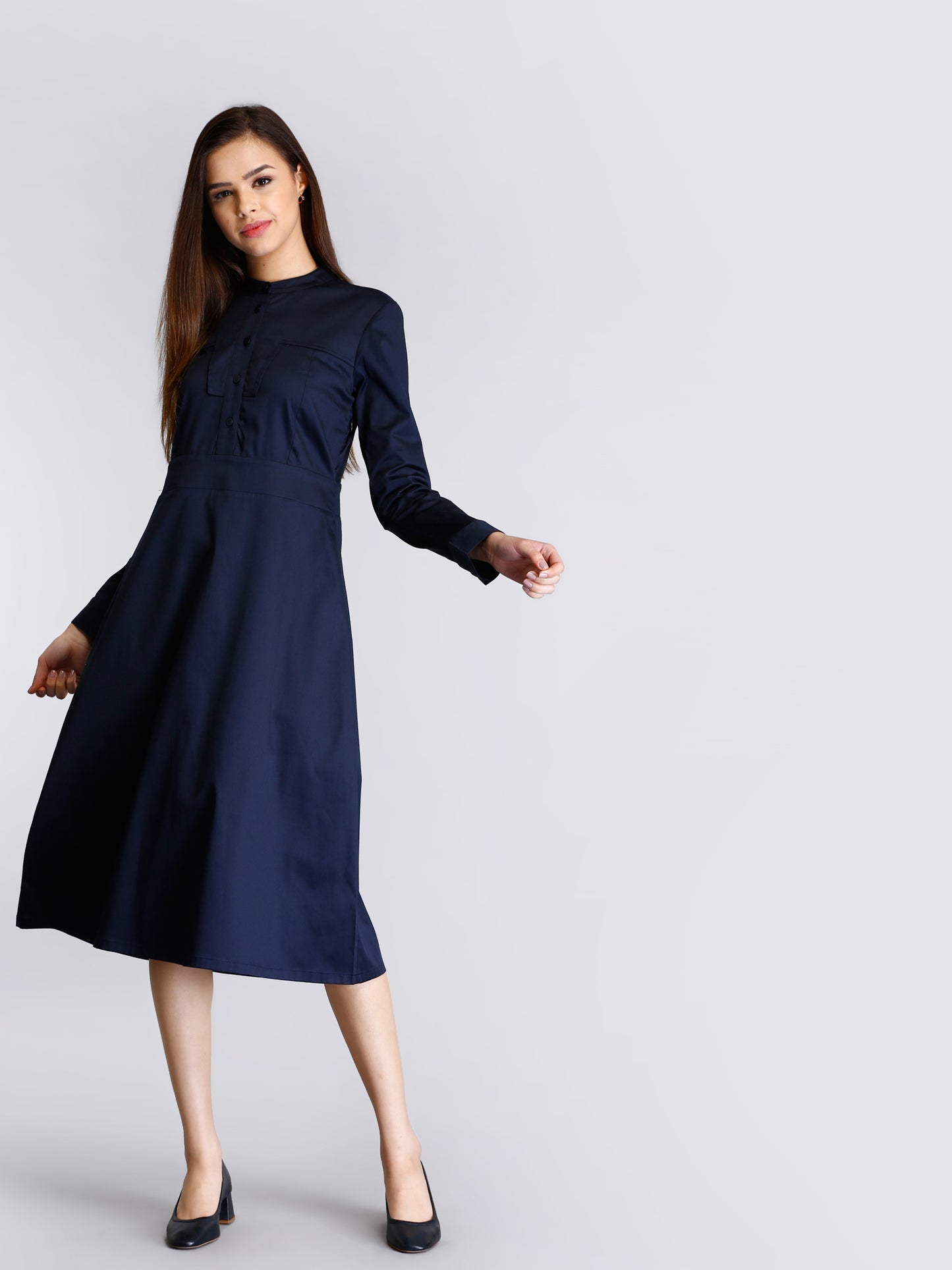 Mandarin Collar Button A Line Dress - Navy| Formal Dresses