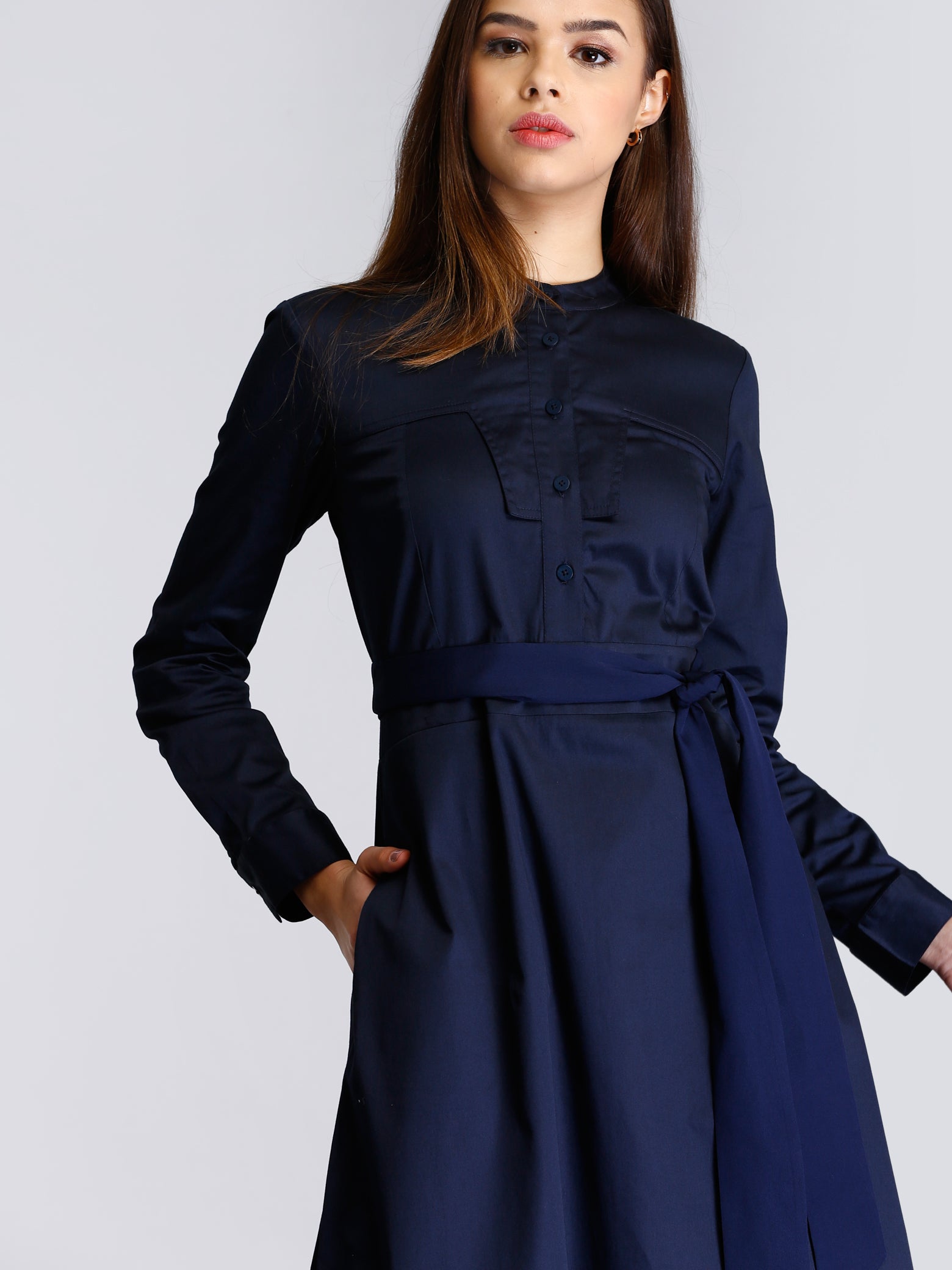 Mandarin Collar Button A Line Dress - Navy| Formal Dresses