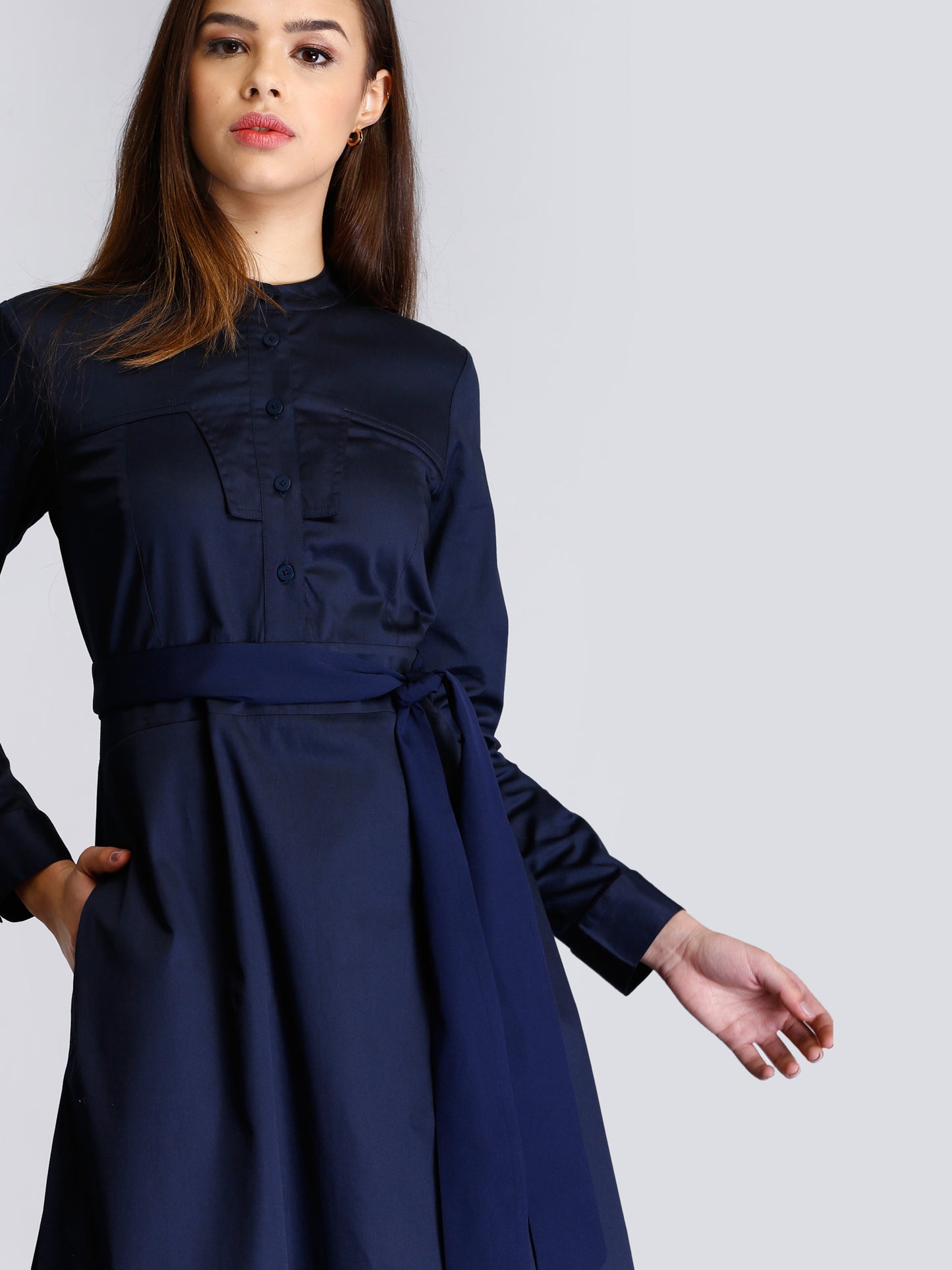 Mandarin Collar Button A Line Dress - Navy| Formal Dresses
