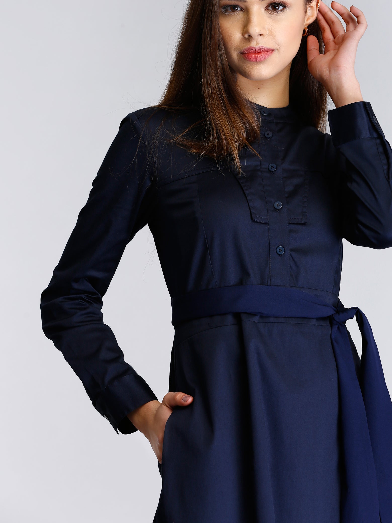 Mandarin Collar Button A Line Dress - Navy| Formal Dresses