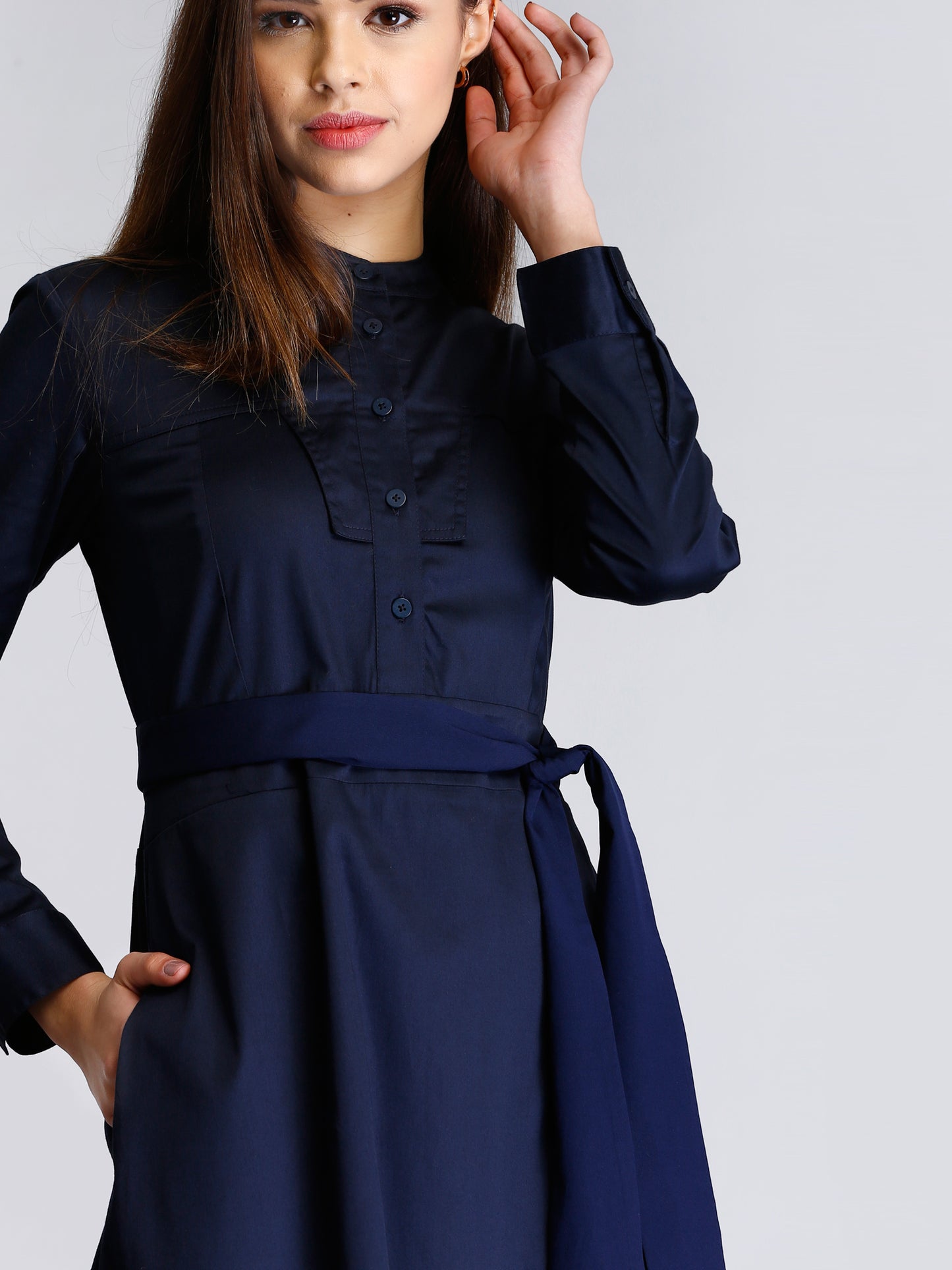 Mandarin Collar Button A Line Dress - Navy| Formal Dresses