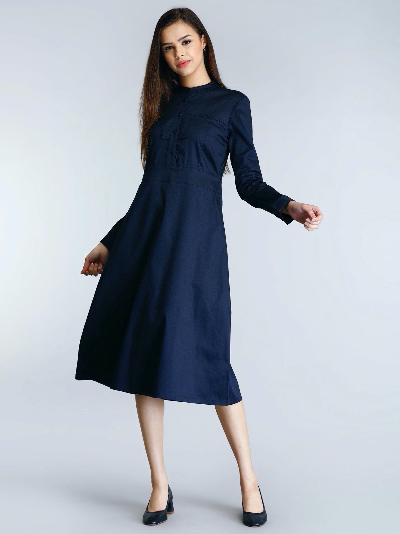 Mandarin Collar Button A Line Dress - Navy| Formal Dresses