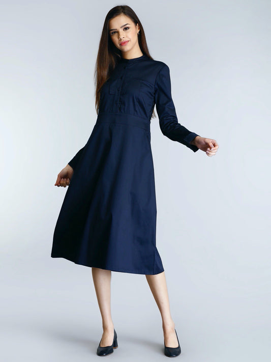 Mandarin Collar Button A Line Dress - Navy| Formal Dresses