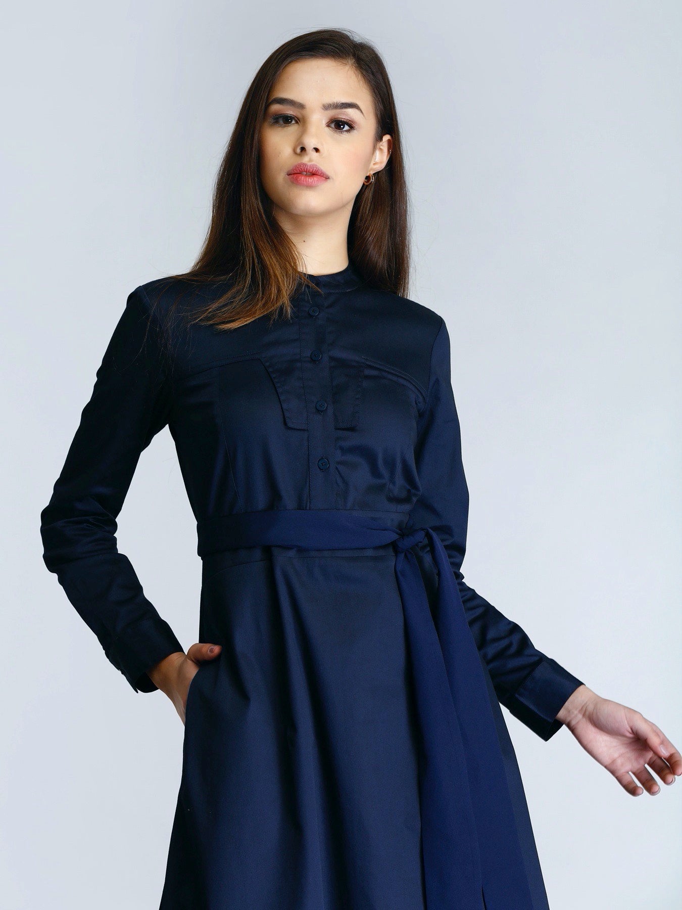 Mandarin Collar Button A Line Dress - Navy| Formal Dresses