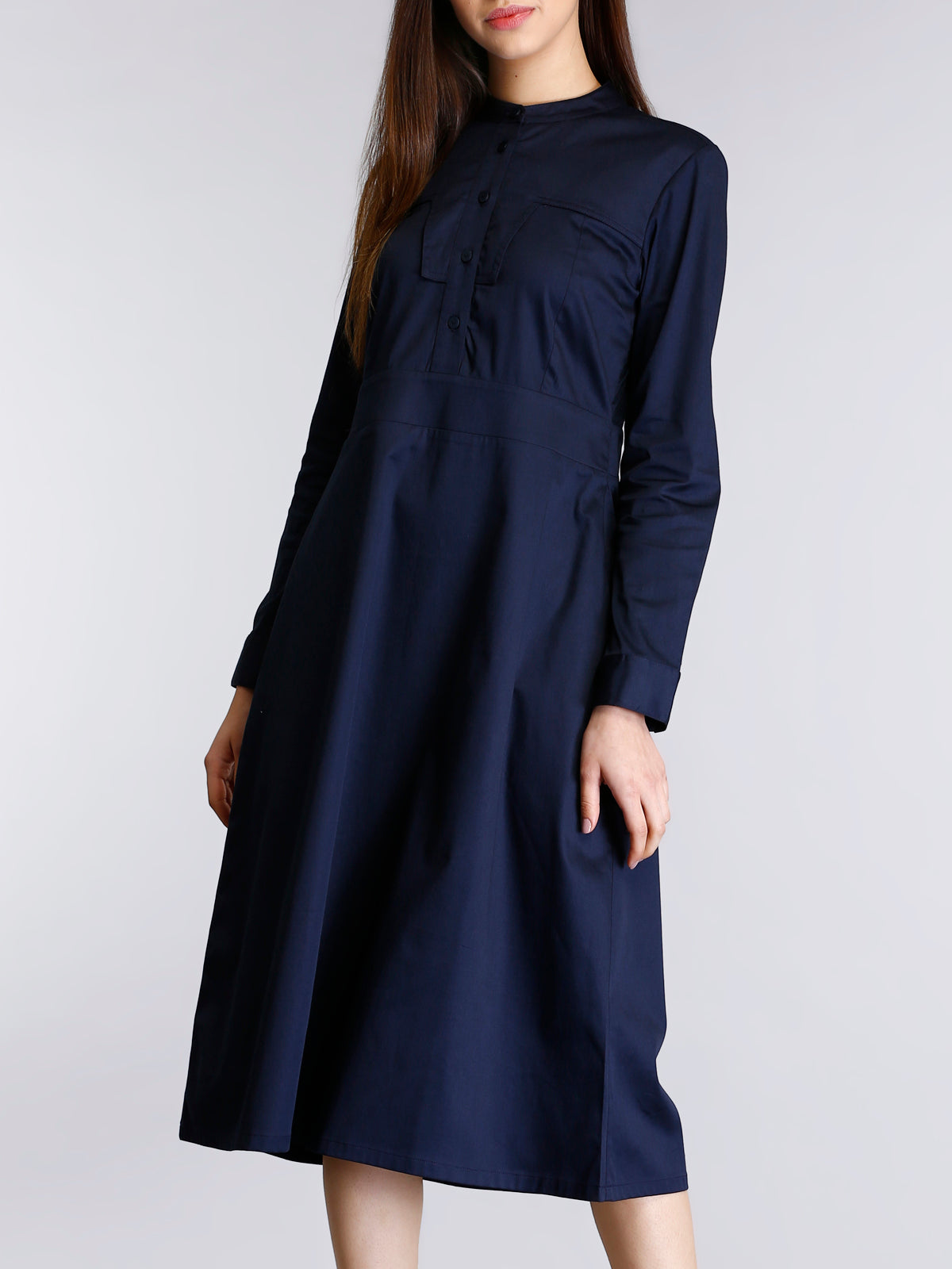 Mandarin Collar Button A Line Dress - Navy| Formal Dresses