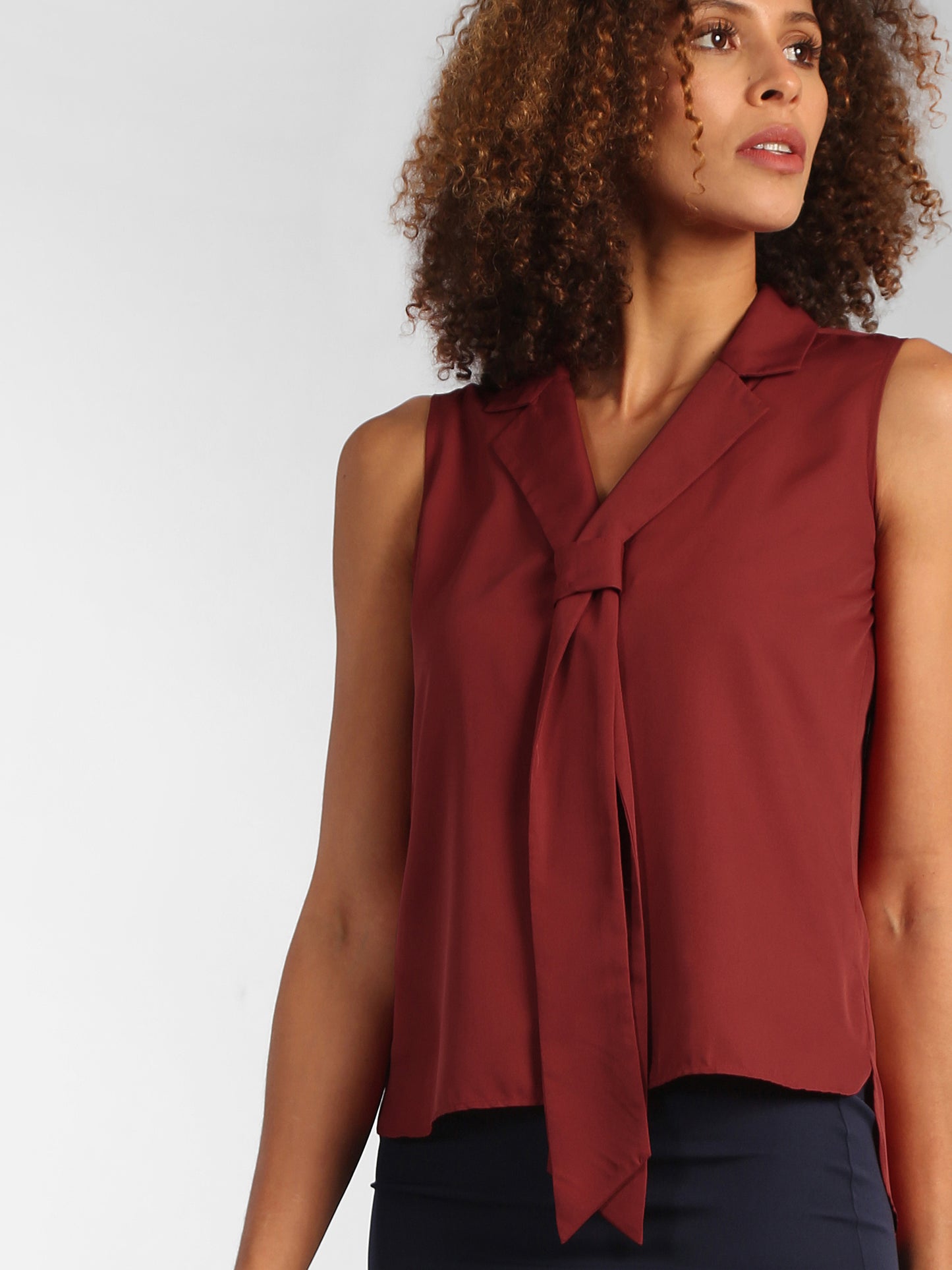 Notch Collar Front Tie Top - Brick Red
