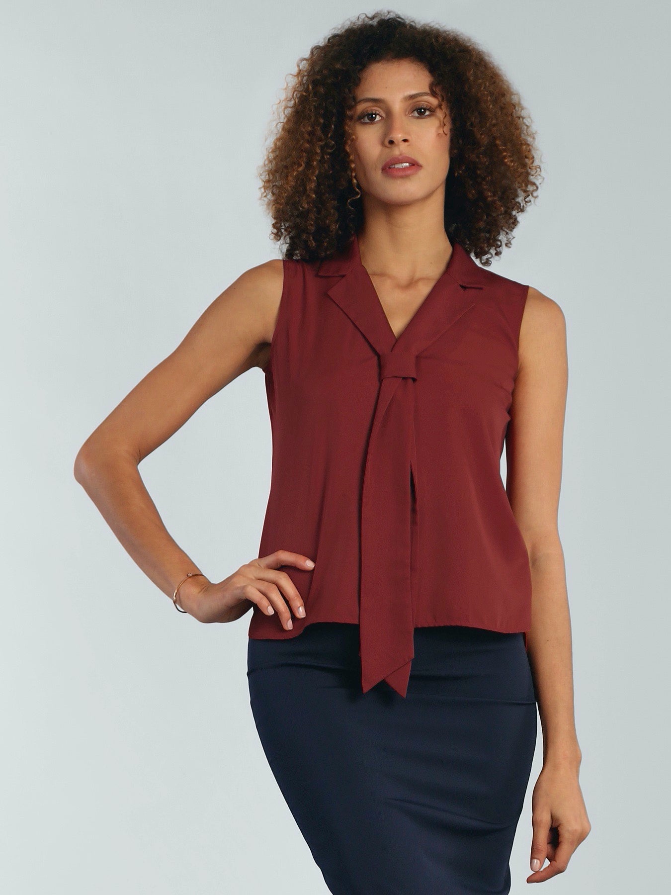 Notch Collar Front Tie Top - Brick Red