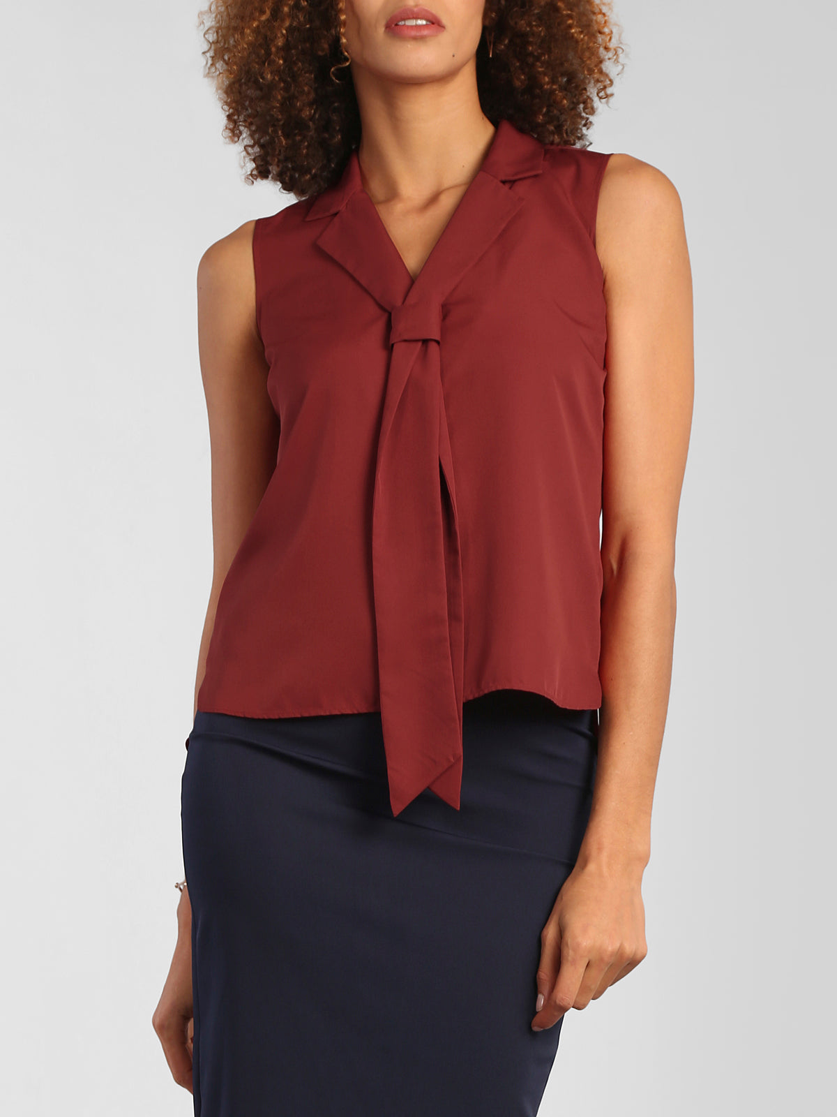 Notch Collar Front Tie Top - Brick Red