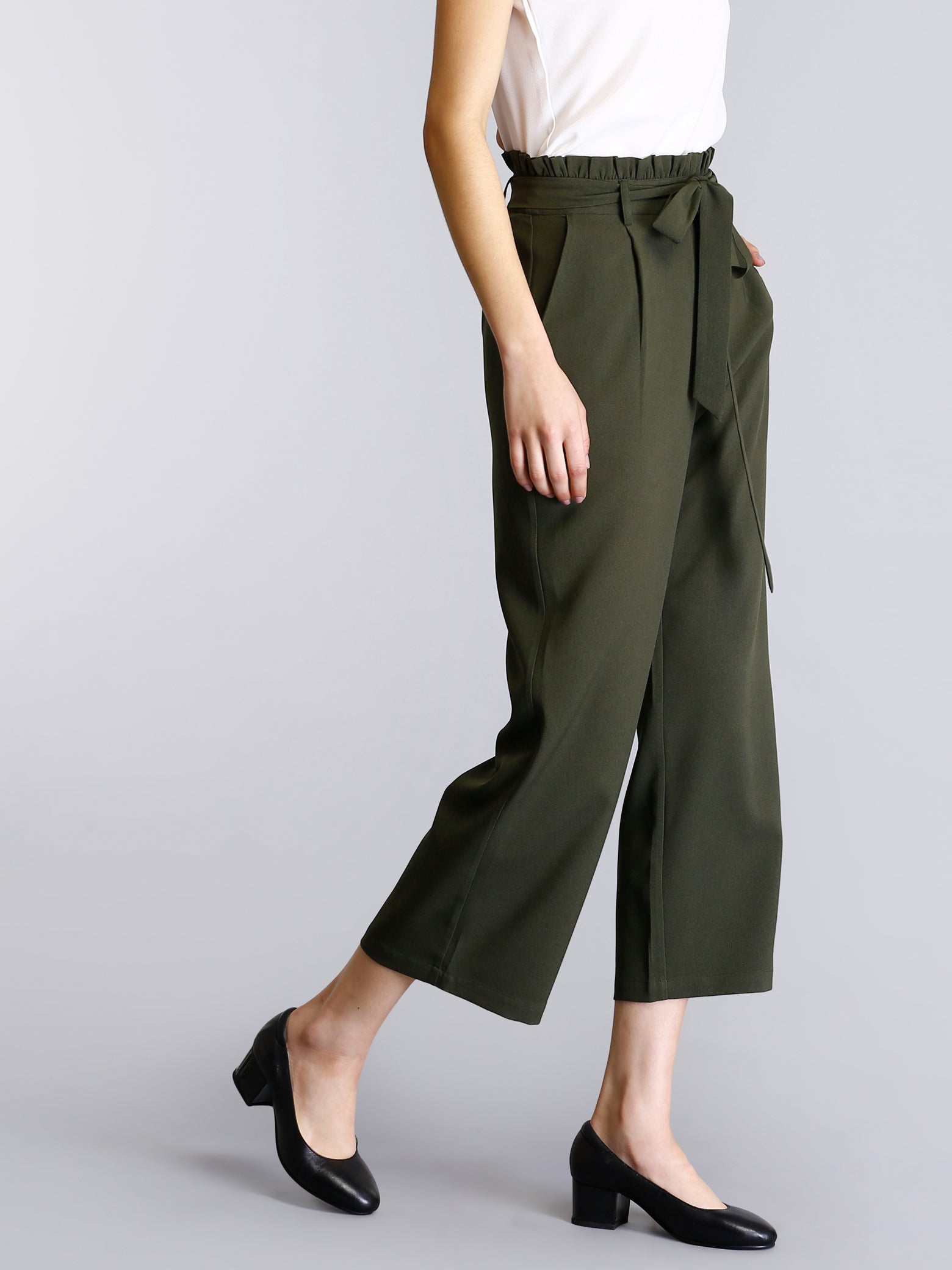 Paperbag Waist Tie Up Pants - Olive| Formal Trousers