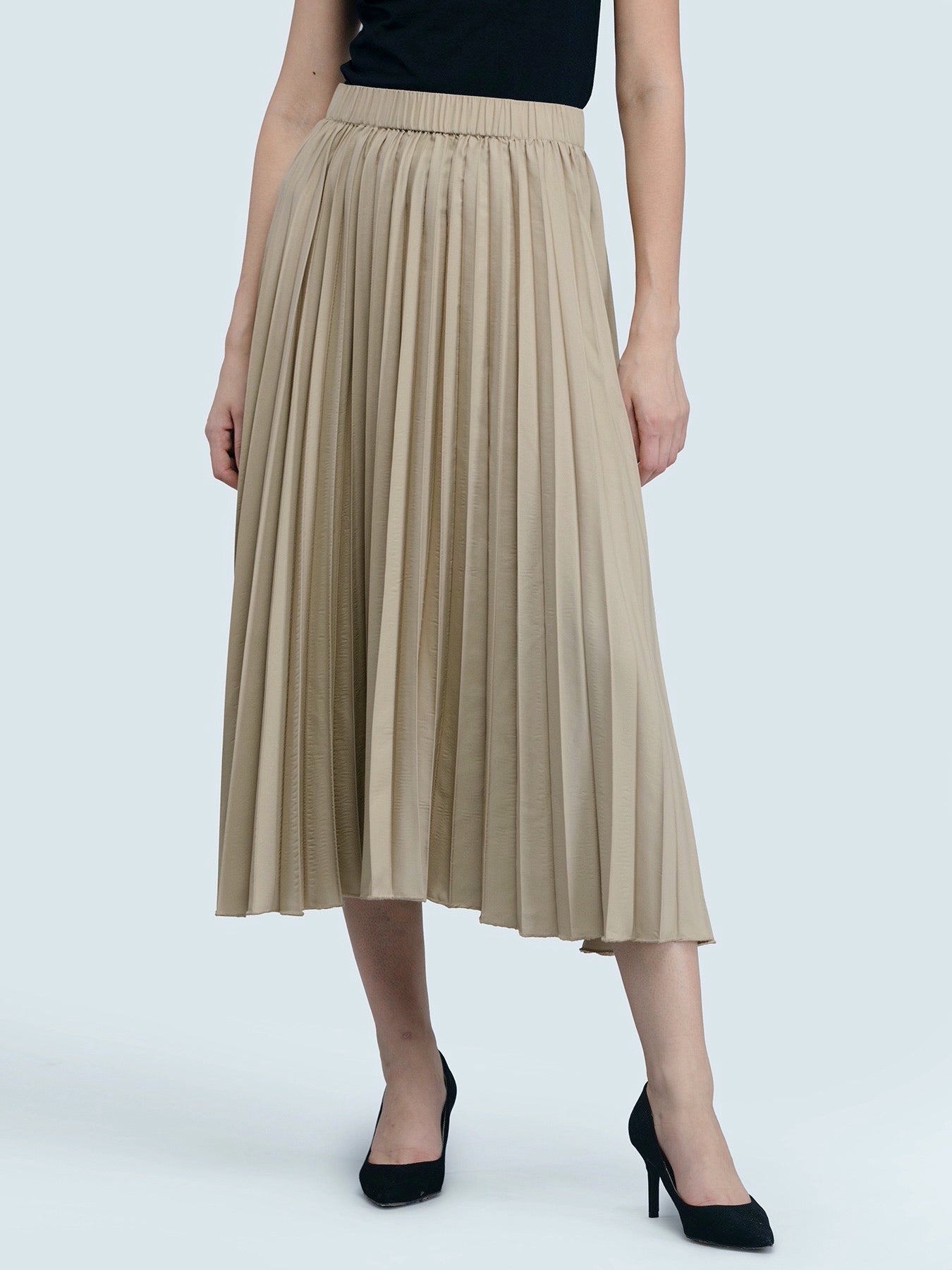 Pleated Flared Midi Skirt - Beige