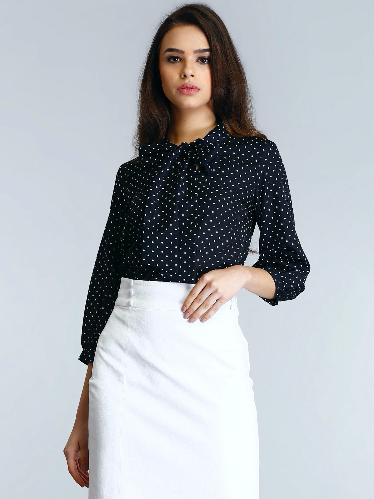 Bow Neck Polka Top - Black and White