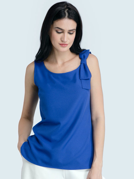 Round Neck Bow Detail Top - Blue