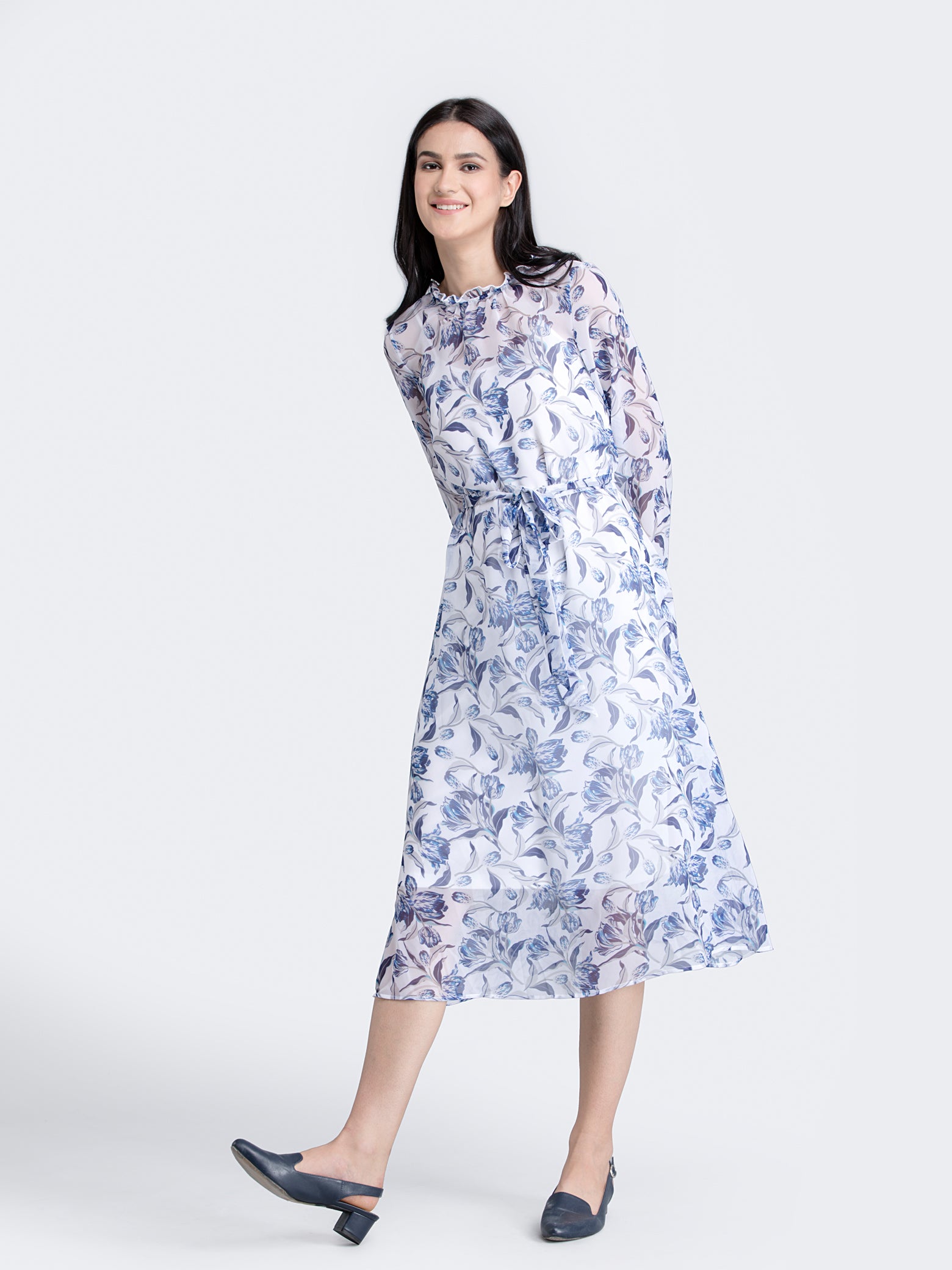 Ruffle Detail Floral Sheer Dress With Tie Up - Blue| Formal Dresses
