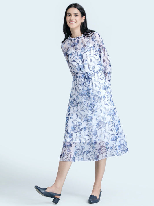 Ruffle Detail Floral Sheer Dress With Tie Up - Blue| Formal Dresses