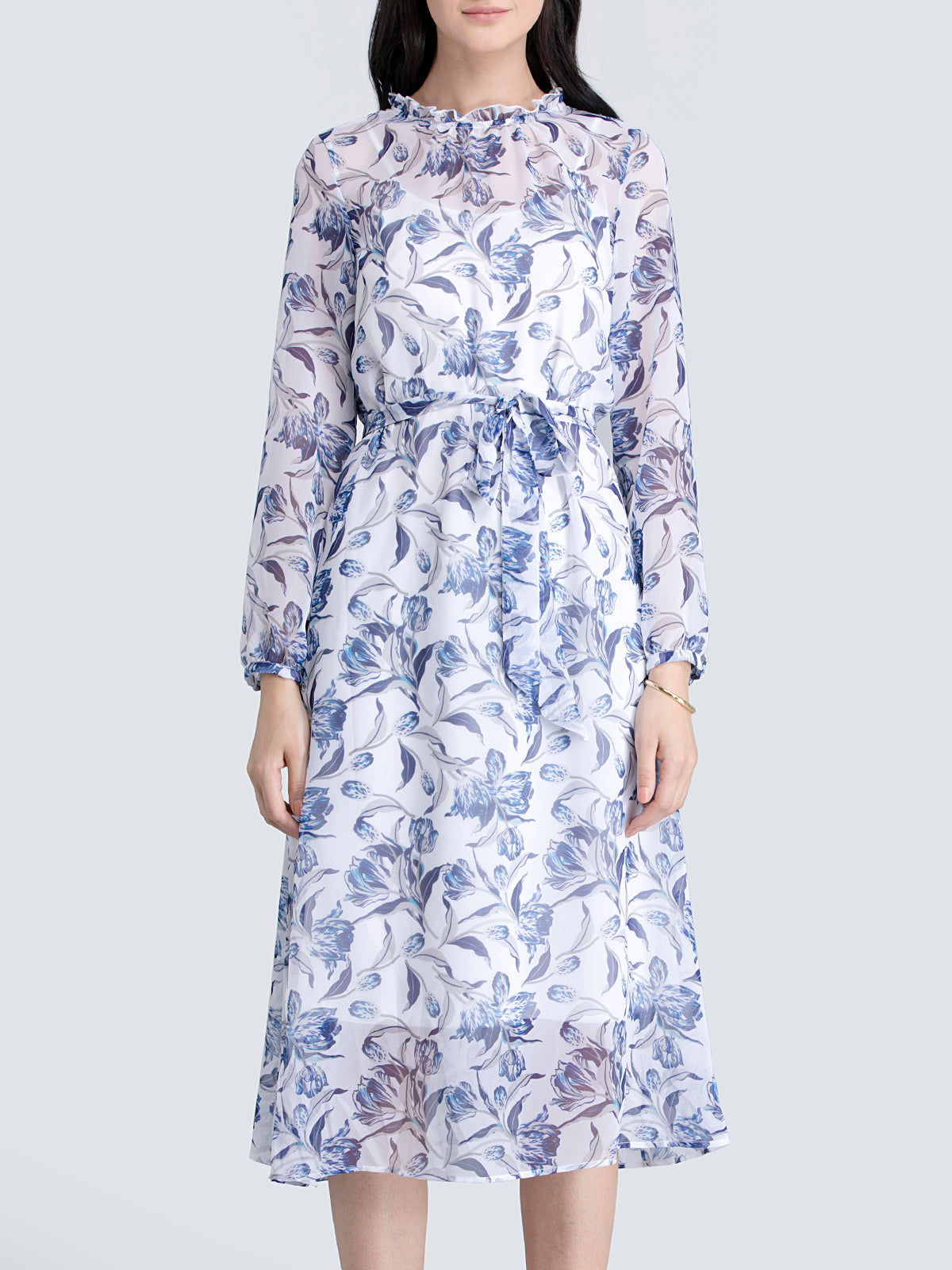 Ruffle Detail Floral Sheer Dress With Tie Up - Blue| Formal Dresses